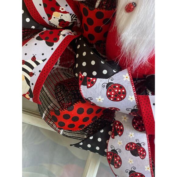 Ladybug Gnome Wreath Red Black White Mesh Polka Dot Door Decor Spring Summer 24” - Picture 5 of 7